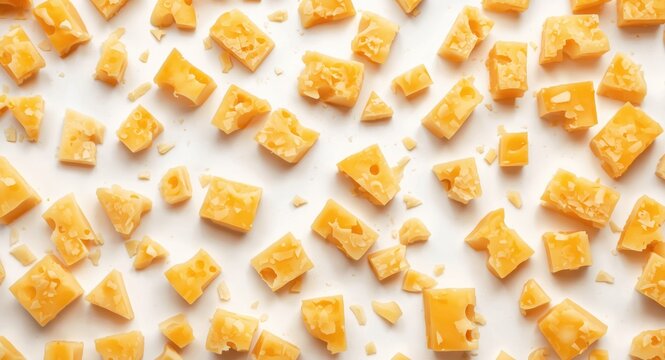 Top perspective of diced mild cheese scattered over a white background