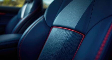 Car interior close view of blue synthetic rubber and leather seat cover with red accent trim