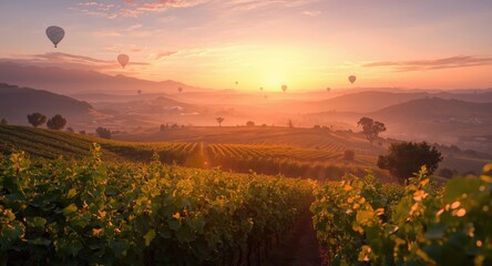 Naklejka premium Scenic sunrise over vineyards with hot air balloon in mountain landscape