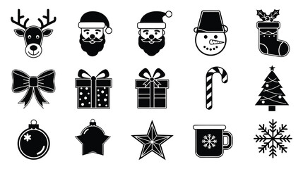 A collection of festive Christmas icons in black and white