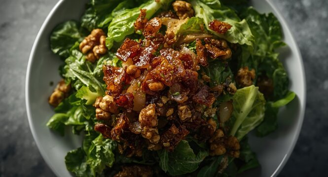 Overhead capture of escarole salad garnished with crispy bacon caramelized onion and crunchy walnuts