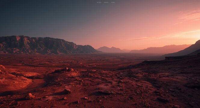 Panoramic digital art of dawn on alien terrain across red planet landscape