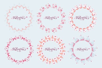 Naklejka premium Set of six circular Valentine s wreaths with HAPPY Valentine s DAY text, featuring ribbons, gift boxes, bottles, cupcakes, bows, envelopes, ice cream cones, and ships with heart windows