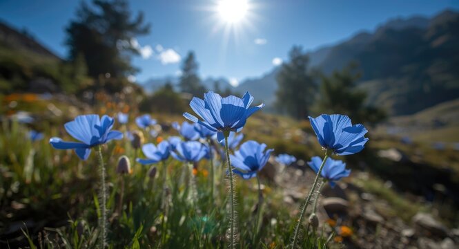 Natural habitat of Himalayan blue poppy with vivid blue blooms