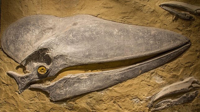 Fossilized whale skull with exaggerated cartoonish features, half-submerged in an ancient seabed.