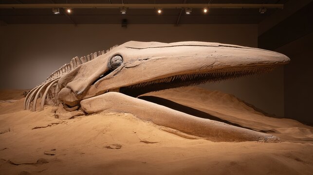 Fossilized whale skull with exaggerated cartoonish features, half-submerged in an ancient seabed.