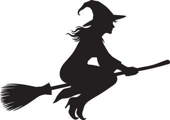 Silhouette of a witch flying on a broomstick against a white background, perfect for Halloween or fantasy themes.