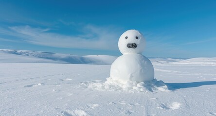 Fototapeta premium Wintertime snowman with coal mouth on a snow covered surface