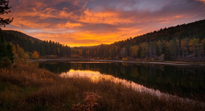 Fall forest landscape featuring a placid lake and dramatic sunset glow