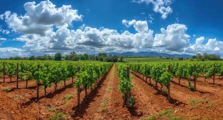 Naklejka premium Panorama emphasizing the fertile volcanic earth supporting healthy grape production under sunshine