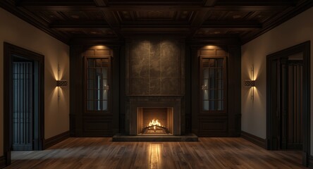 Fototapeta premium Classic living room space in a luxury home boasting tall ceilings with wooden beams and a beautifully styled fireplace