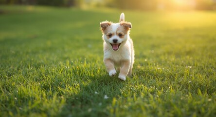 Playful small pet shown in full length having fun on a green grass lawn bathed in summer rays