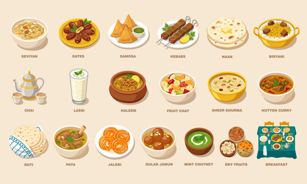 Traditional Eid celebration feast and Indian festival breakfast food menu vector set