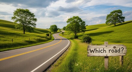 A winding asphalt road curves through a lush green landscape, flanked by trees and grassy fields.
