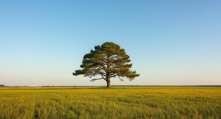 Fototapeta premium single pine tree towering in the heart of a sprawling field