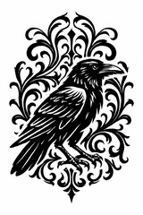Obraz premium Gothic Black Raven Illustration with Ornate Baroque Filigree Background
