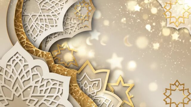 Elegant Islamic geometric patterns with golden glitter and bokeh lights, perfect for Ramadan and Eid celebrations