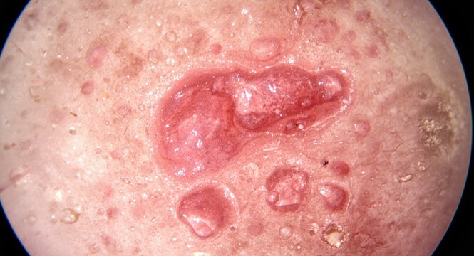 Microscopic analysis of allergic skin inflammation featuring pustules and blister spots
