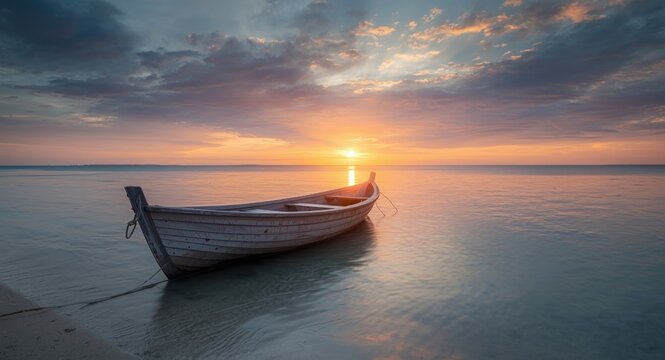 Sunrise over tranquil seashore with peaceful wooden boat anchored