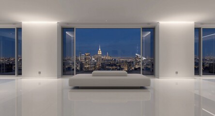 Advanced white interior setting with soft backlighting and urban night view