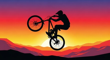 Fototapeta premium Silhouette of a cyclist performing a wheelie at sunset