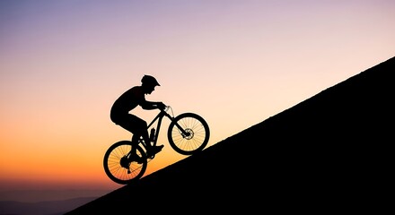 Fototapeta premium Silhouette of a mountain biker climbing a hill at sunset