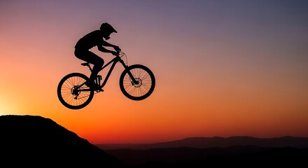 Obraz premium Silhouette of a mountain biker in mid air at sunset