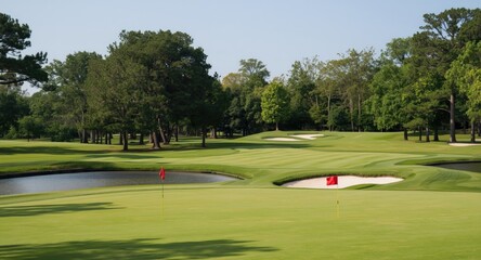 Golf cup flagged red on freshly cut green course