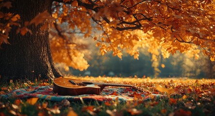 Couple enjoying a musical afternoon under autumn tree with guitar in a stylized painting