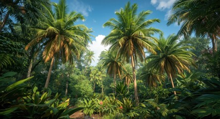 Fototapeta premium Bright tropical forest scene with thriving Dypsis lutescens palms