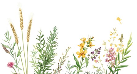 Hand painted botanical watercolor showing cereal spikelets and green herb branches with flowers on white background