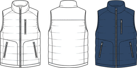 Puffer Vest Technical Flat Sketch, Men's Quilted Gilet Vector Illustration, Front and Back View © ASH Labs