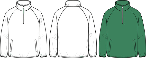 Quarter Zip Fleece Pullover Jacket Fashion Flat Sketch, Front and Back View Technical Vector Template © ASH Labs