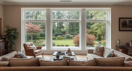 Fototapeta premium Home living space featuring grand window frames opening to a vibrant garden view