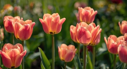 Fototapeta premium Radiant tulip flowers in a soft focused garden setting with copy space