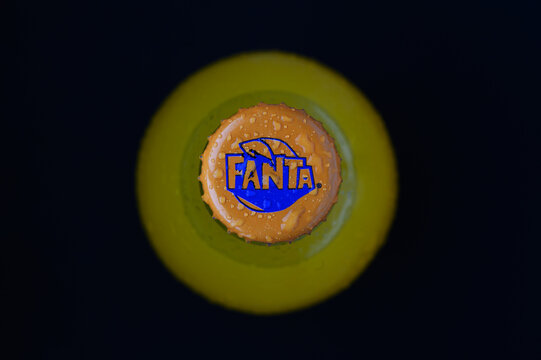 Tbilisi, Georgia 11,20,2025.Fanta Bottle Cap with Water Droplets Close-Up