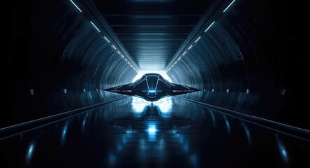Fototapeta premium Spaceship glowing blue and white in a futuristic showroom tunnel with black hangar