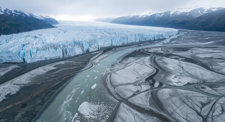 Drone shot capturing the beauty of an expansive glacier river and signs of climate warming