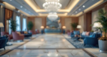Cool toned bokeh light blur in luxury hotel reception ideal for design background