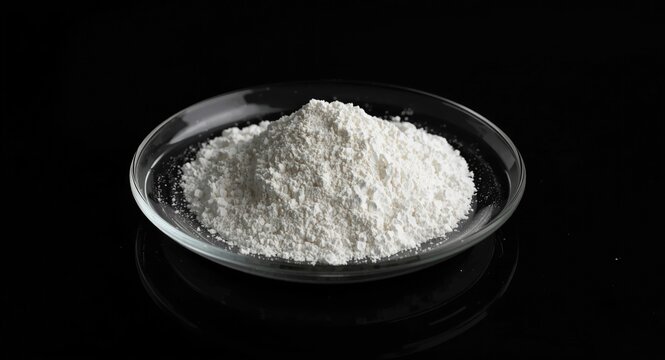 Sodium hydroxide dry white powder in glass plate under neutral black background lighting