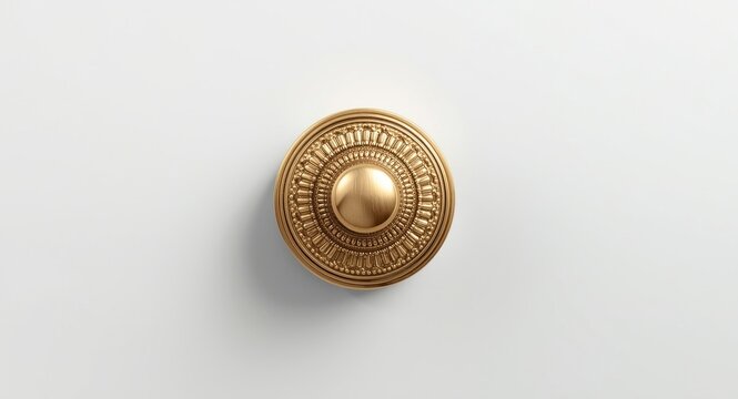 Decorative brass drawer knob with shiny gold finish and detailed embossing on white