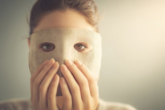 Woman wearing a simple mask to conceal her face and identity, hands covering her mouth