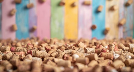 Fototapeta premium Cheerful multihue backdrop decorated with champagne corks and open copy space