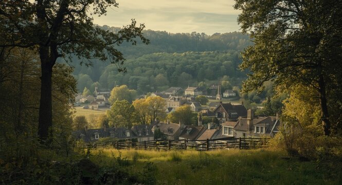 Antique forest scene with a southern French rural town from an 1860 periodical