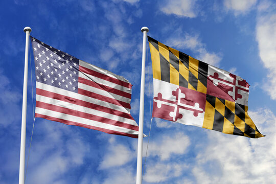 United States and Maryland State Flags Waving Proudly Against a Blue Sky Symbolizing Federal Unity Calvert and Crossland Heritage and the Bold Unique Spirit of the Historic Old Line State Narrative