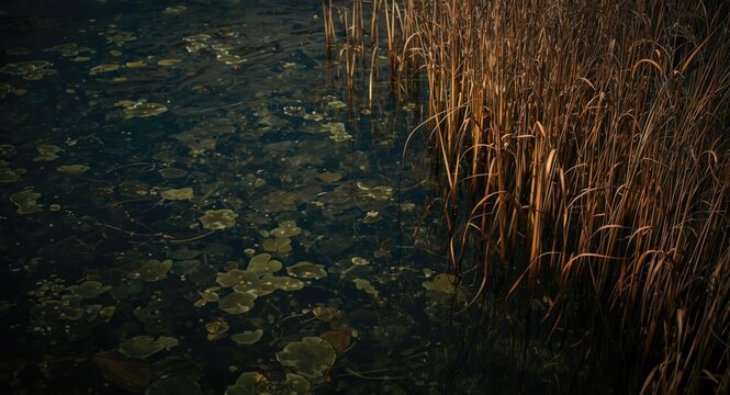 Water ecosystem featuring coontail weed alongside copy space area