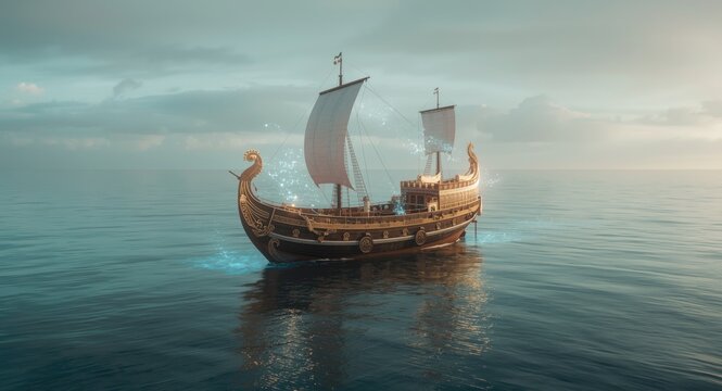 High fidelity 3d illustration of an ancient trireme featuring holographic highlights