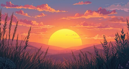 Obraz premium Creative cartoon sunrise with detailed natural elements and warm hues