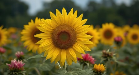 Summer scene of sunflowers at peak bloom with some wilting flowers