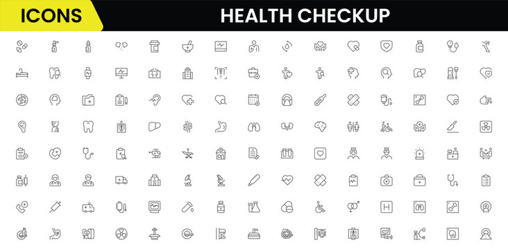 Health checkup icons depicting medical examination, stethoscope, heartbeat, diagnostics, hospital, doctor consultation, tests, reports, wellness, prevention, monitoring, clinic, healthcare, appointmen